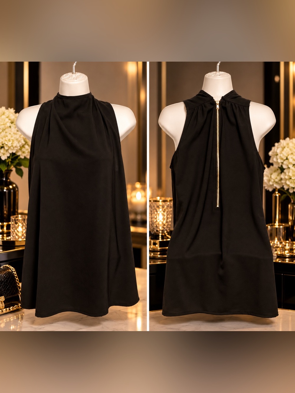 🖤 NWOT Black High-Neck Sleeveless Going-Out Top – Size Large